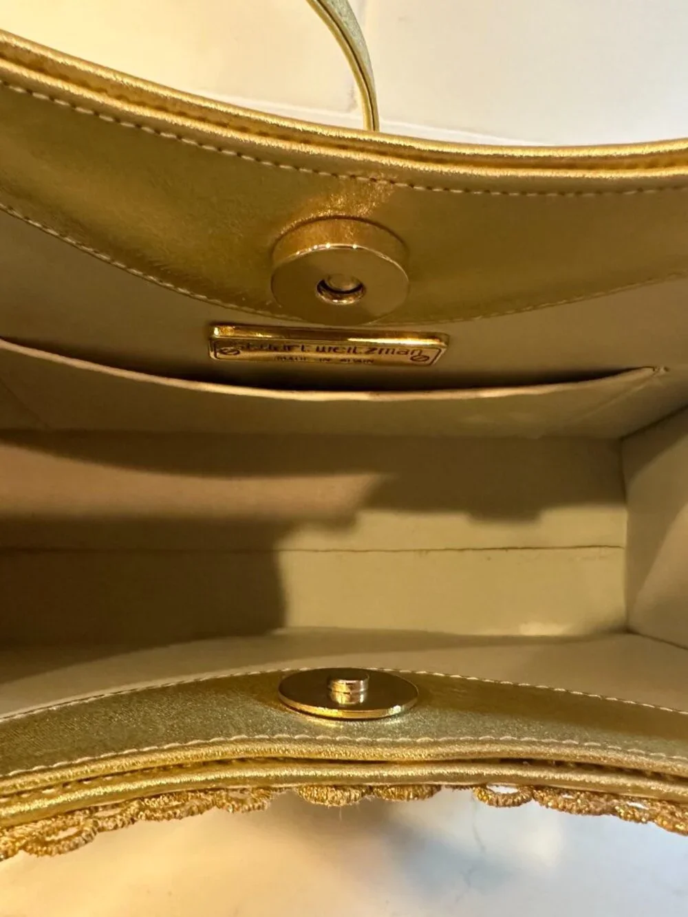 Stuart Weitzman Vintage Metallic Gold Patent Leather and Lace Evening Bag RARE